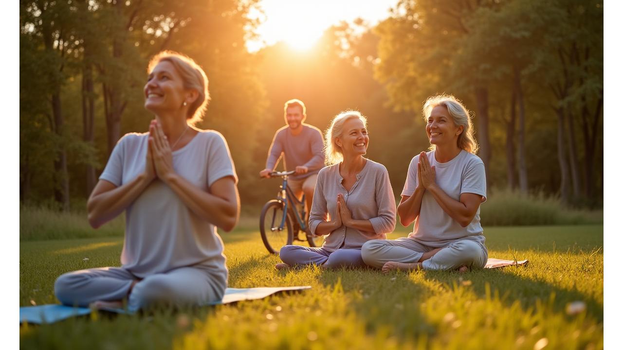 Diverse adults aged 35+ engaged in vibrant wellness activities like hiking, yoga, and healthy cooking, reflecting energy and vitality.