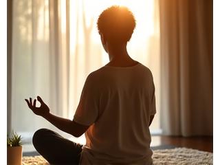 Person meditating peacefully by a window.